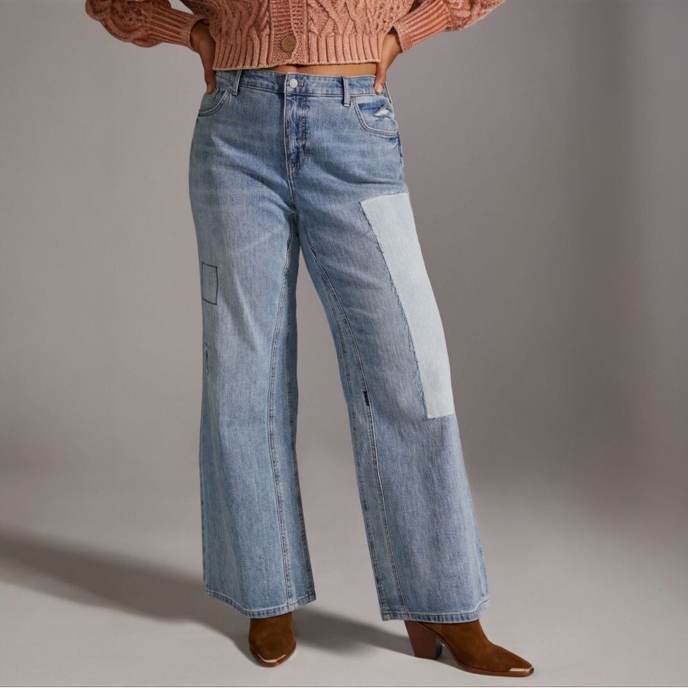 Anthropologie Pilcro Laidback Flare Jeans Size 29 Patchwork Distressed High Rise